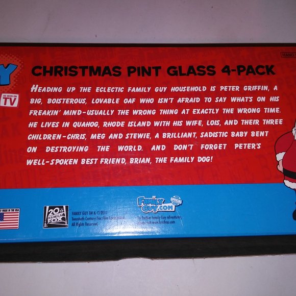 Family Guy Christmas Pint Glass 4 Pack Set Cartoon Gift Stewie 6" Tall Preowned - Picture 10 of 10